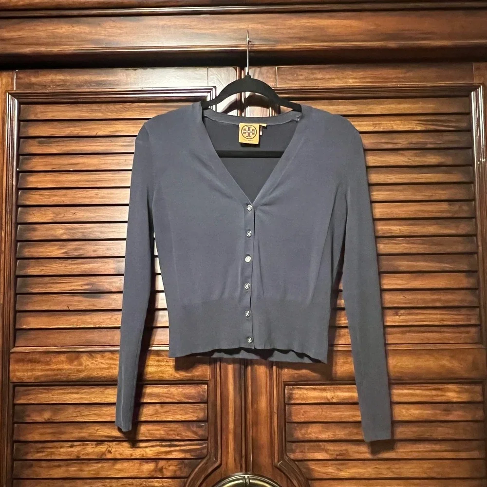 Tory Burch Gray Silk Blend V-Neck Button Front Cardigan Sweater XS